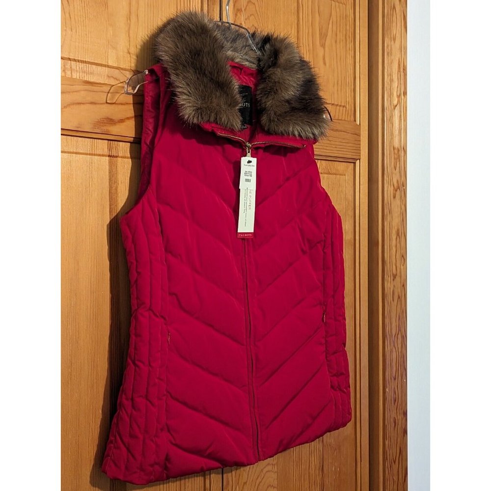 NWT Talbots Faux Fur Collar Red Down Puffer Vest Sz Small - Picture 7 of 10
